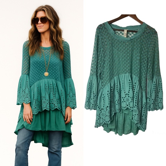 rhum & Raisin Tops - RHUM & RAISIN Teal Eyelet layer Tunic Boho Bohemian M/L